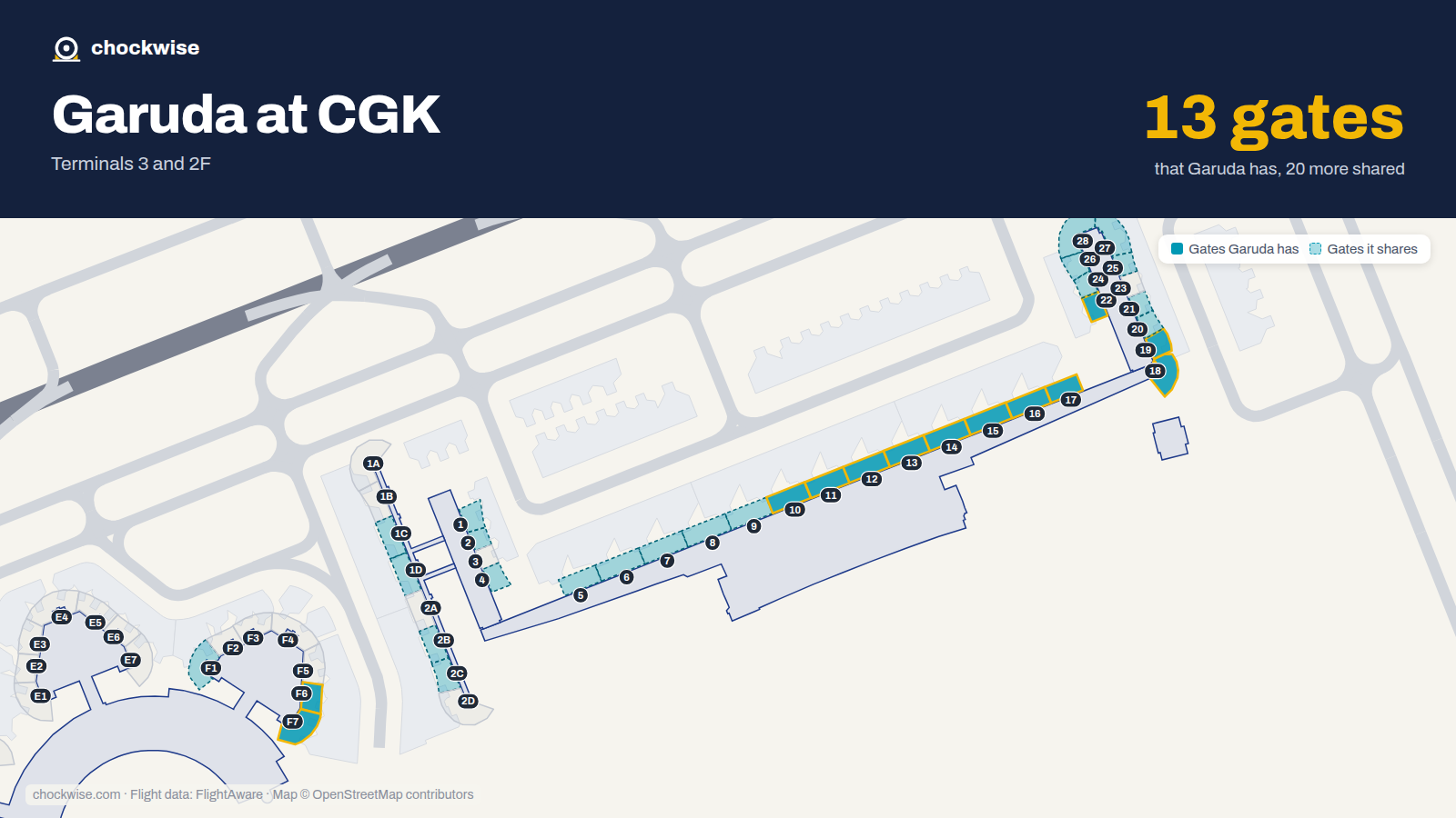Map of CGK with the gates Garuda Indonesia uses highlighted: F6, F7, 10, 11, 12, 13, 14, 15 and 5 more.