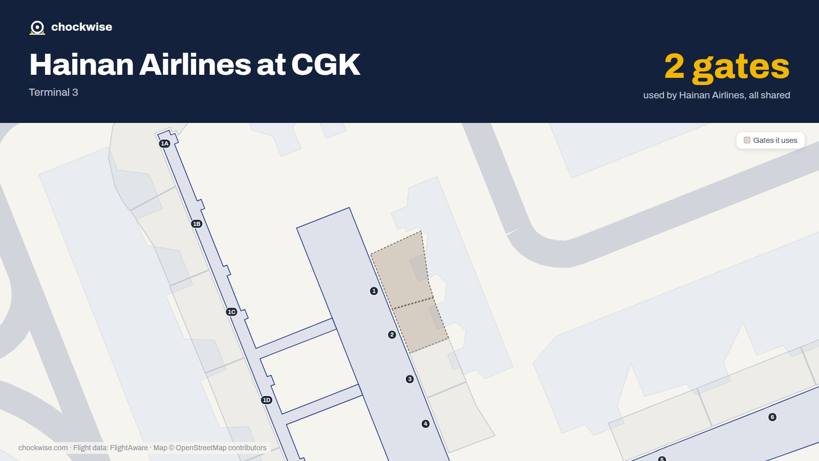 Map of CGK with the gates Hainan Airlines uses highlighted: 1 and 2.