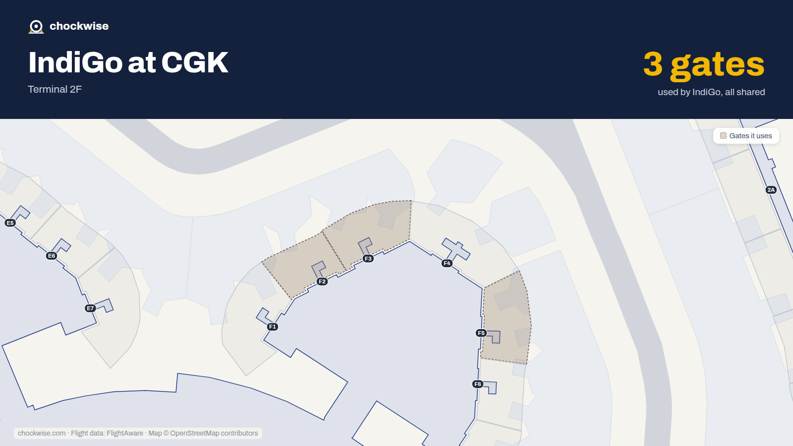 Map of CGK with the gates IndiGo uses highlighted: F2, F3 and F5.