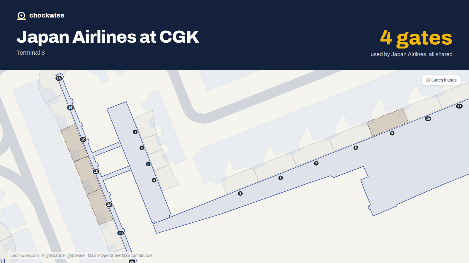Map of CGK with the gates Japan Airlines uses highlighted: 1C, 1D, 2A and 9.
