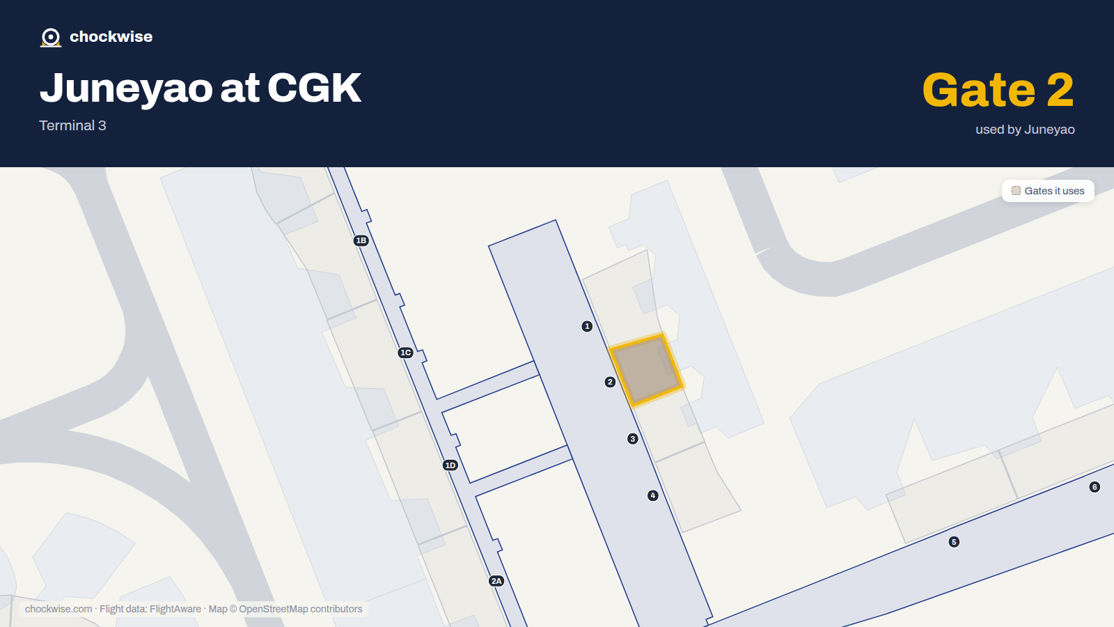 Map of CGK with the gates Juneyao Airlines uses highlighted: 2.