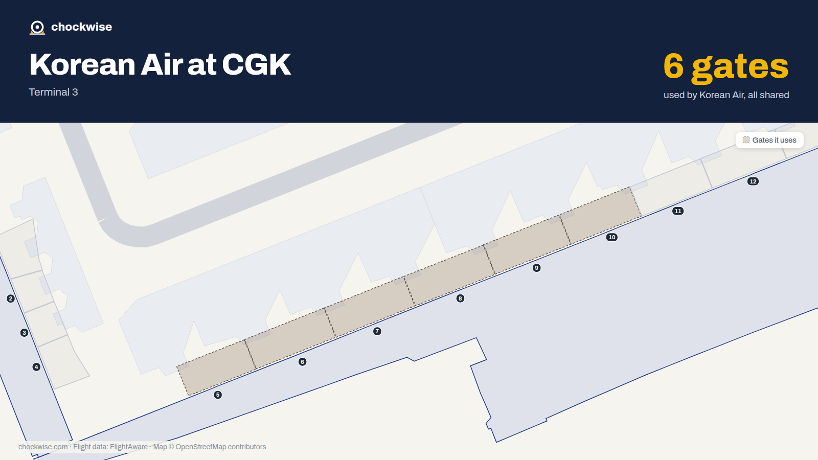 Map of CGK with the gates Korean Air uses highlighted: 5, 6, 7, 8, 9 and 10.