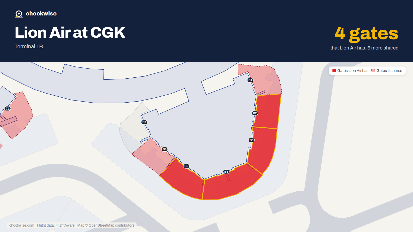 Map of CGK with the gates Lion Air uses highlighted: B2, B3, B4 and B5.