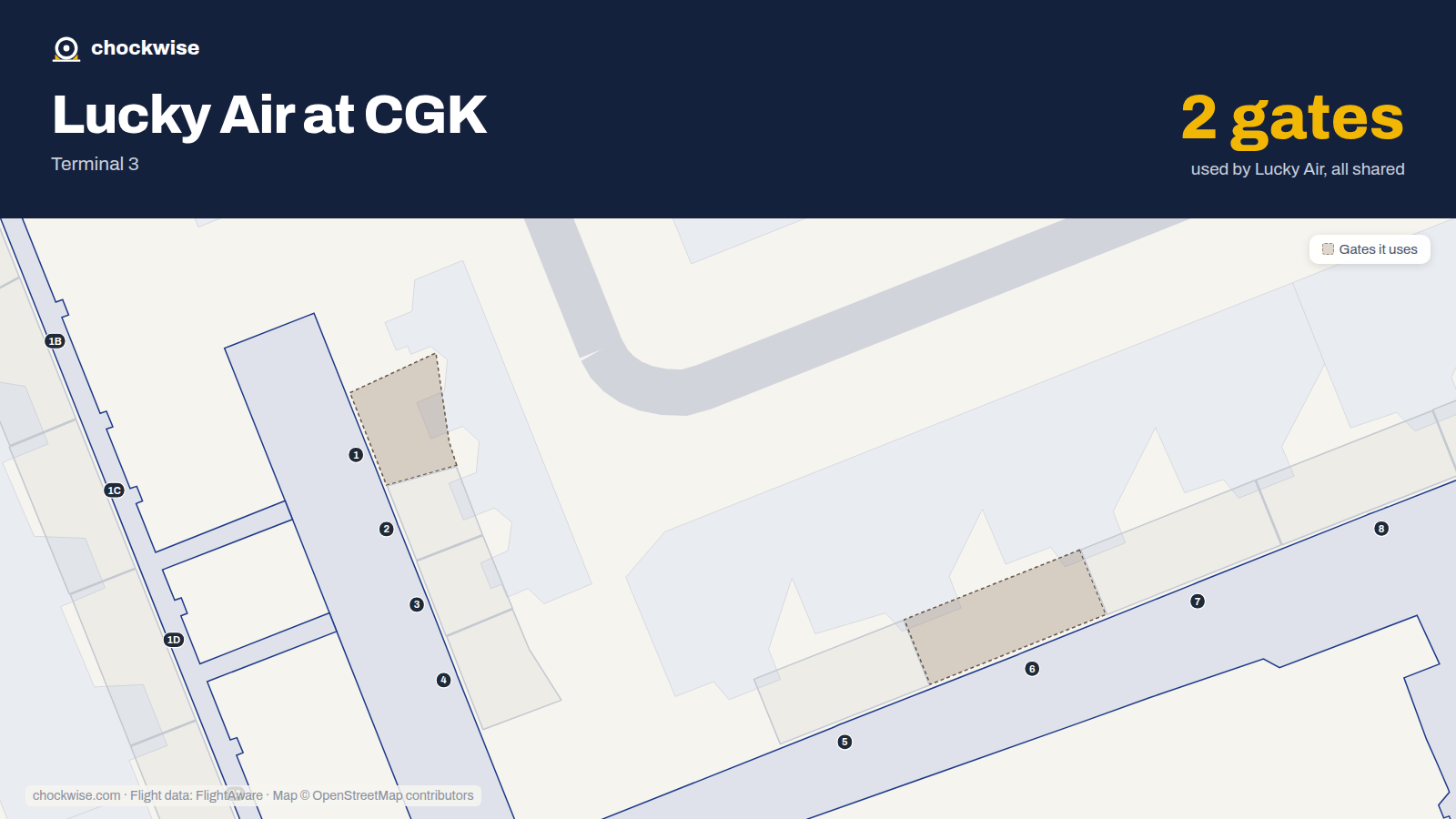 Map of CGK with the gates Lucky Air uses highlighted: 1 and 6.