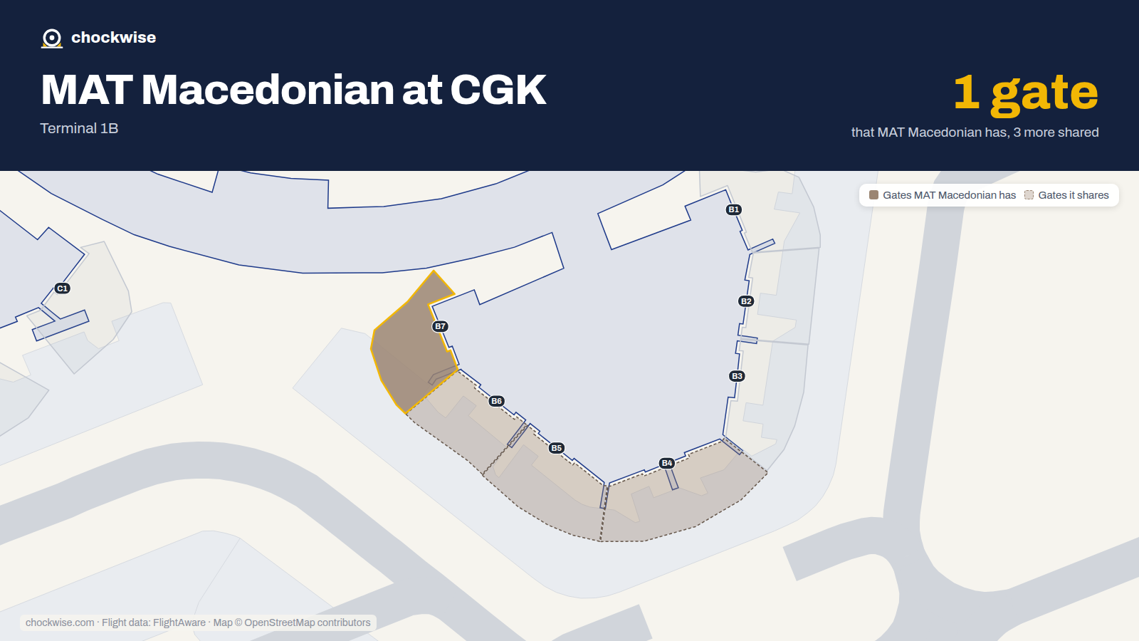 Map of CGK with the gates MAT Macedonian Airlines uses highlighted: B7.