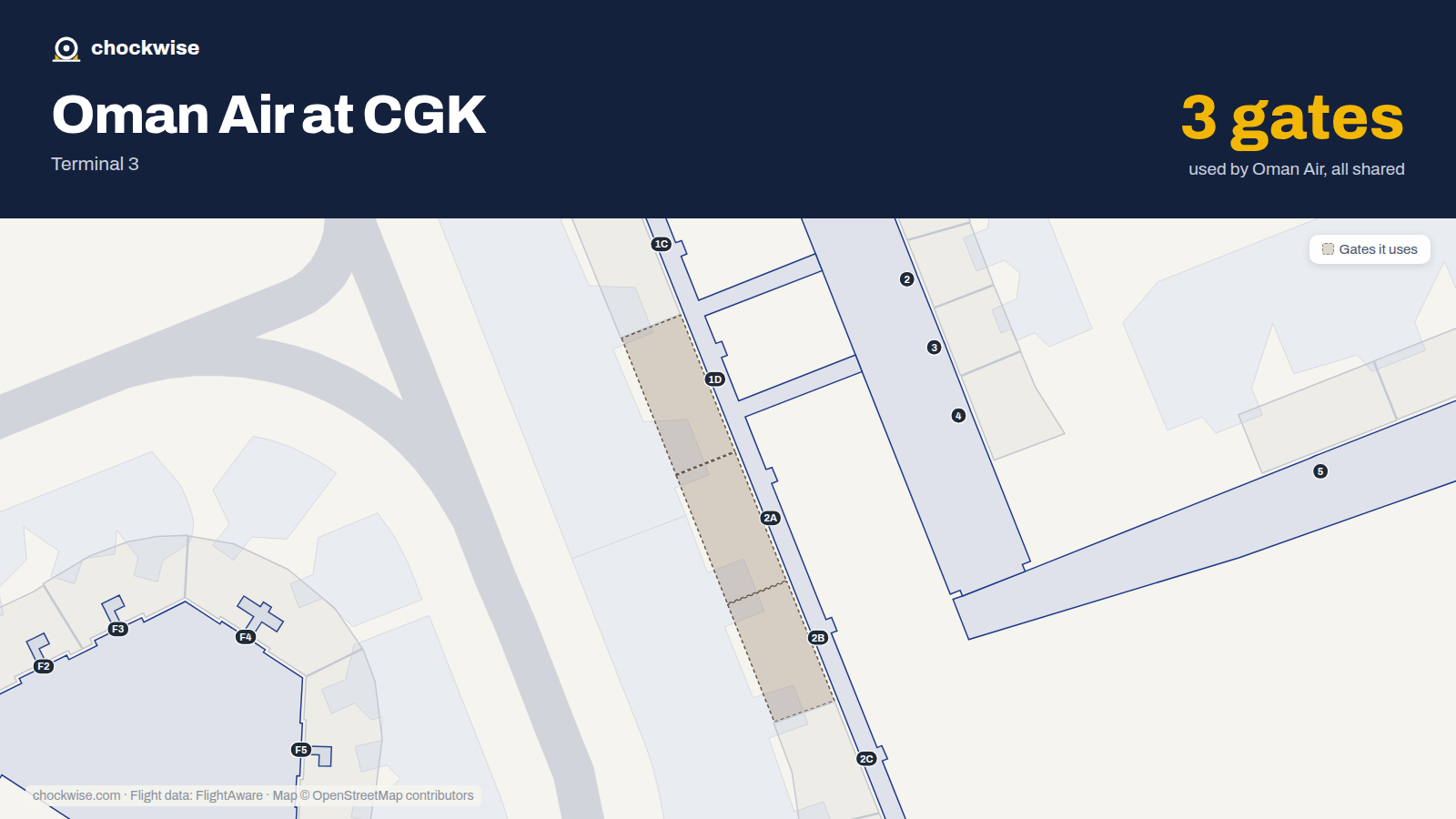 Map of CGK with the gates Oman Air uses highlighted: 1D, 2A and 2B.