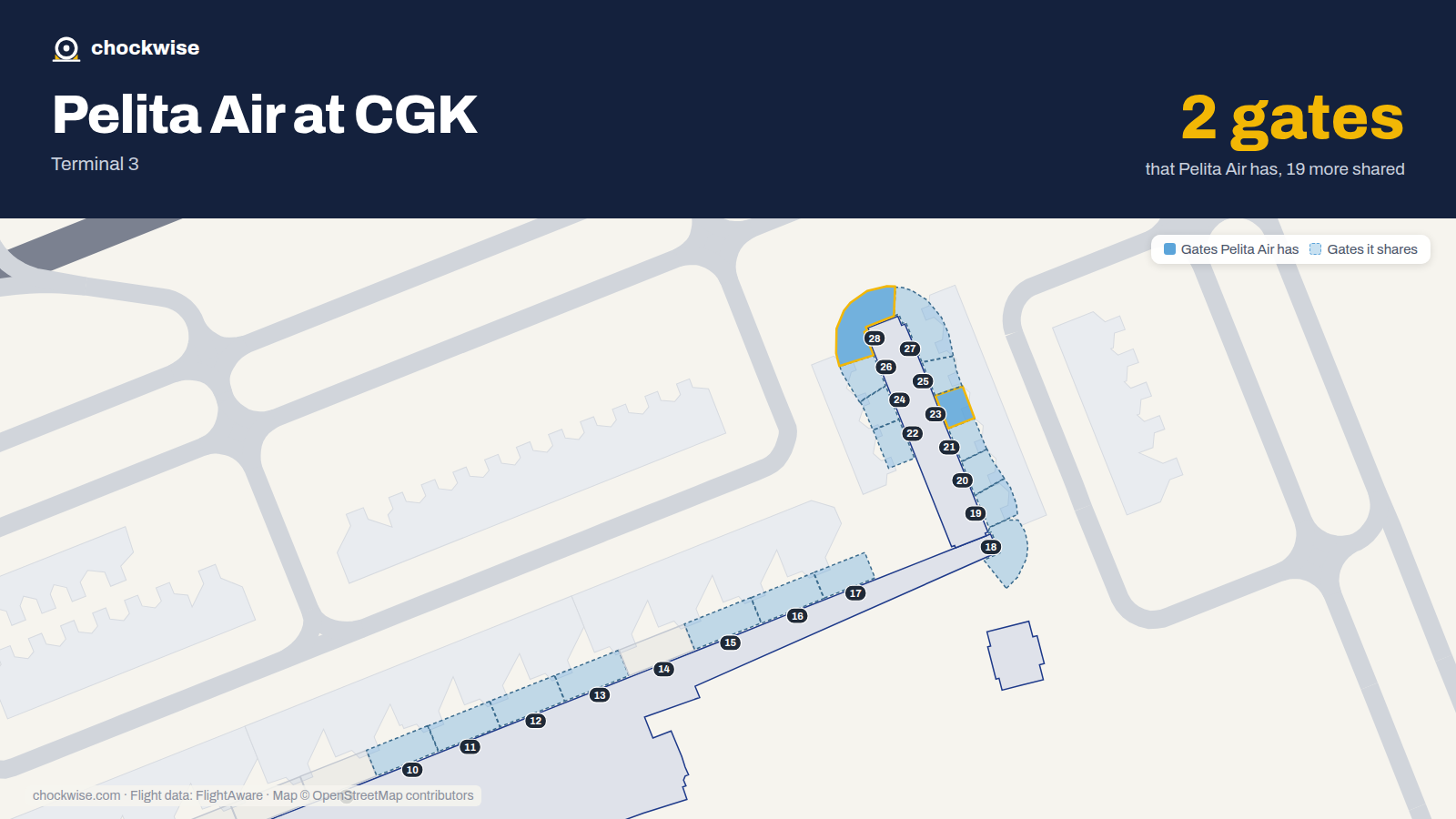 Map of CGK with the gates Pelita Air uses highlighted: 23 and 28.