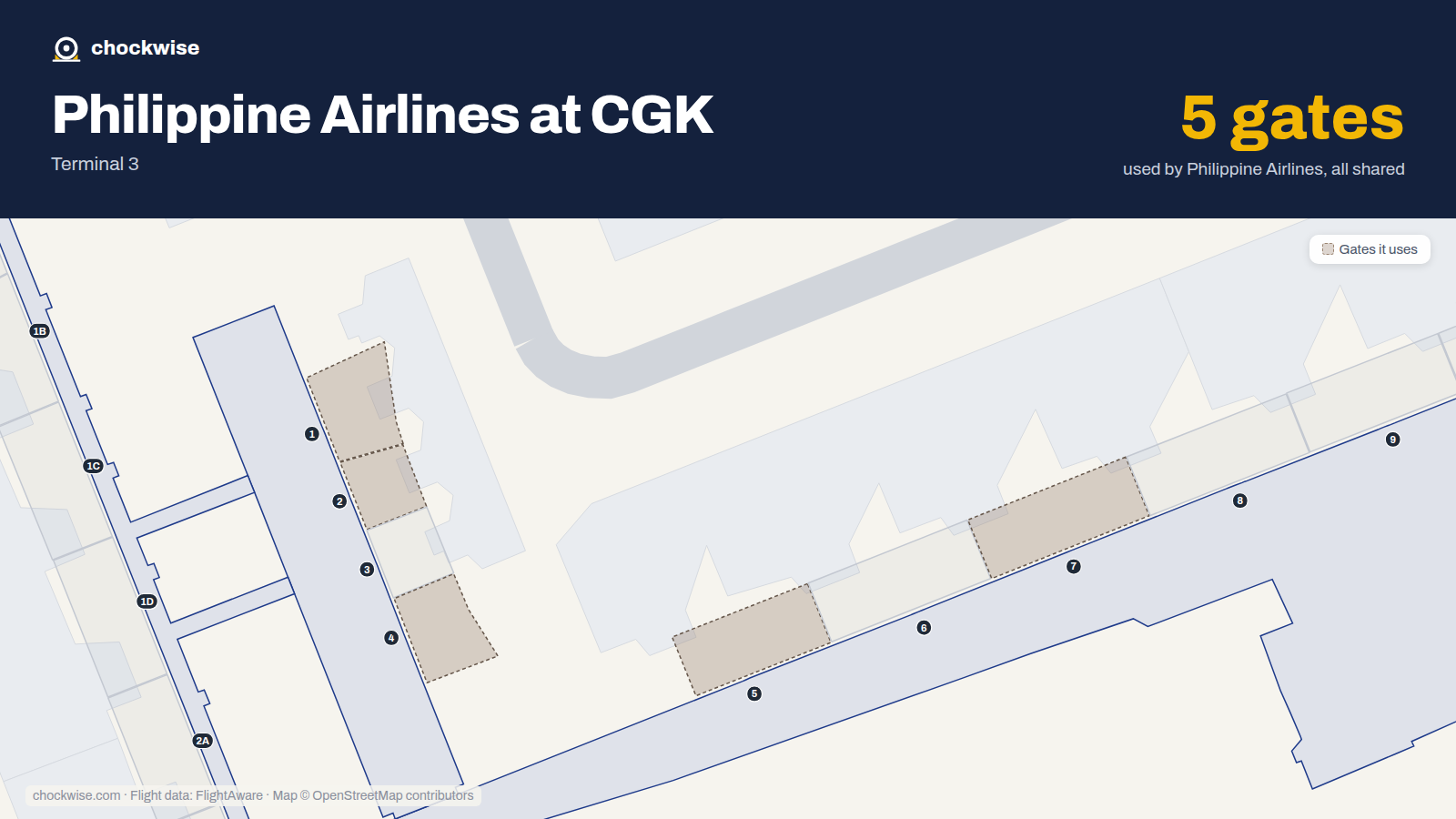 Map of CGK with the gates Philippine Airlines uses highlighted: 1, 2, 4, 5 and 7.