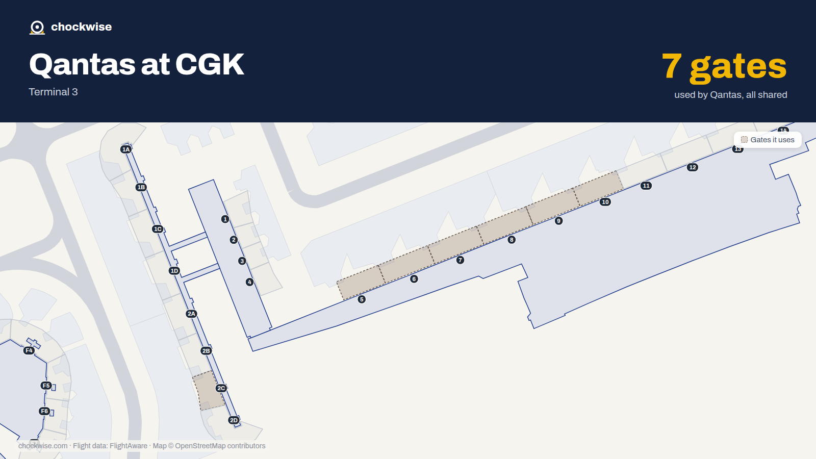 Map of CGK with the gates Qantas uses highlighted: 2C, 5, 6, 7, 8, 9 and 10.