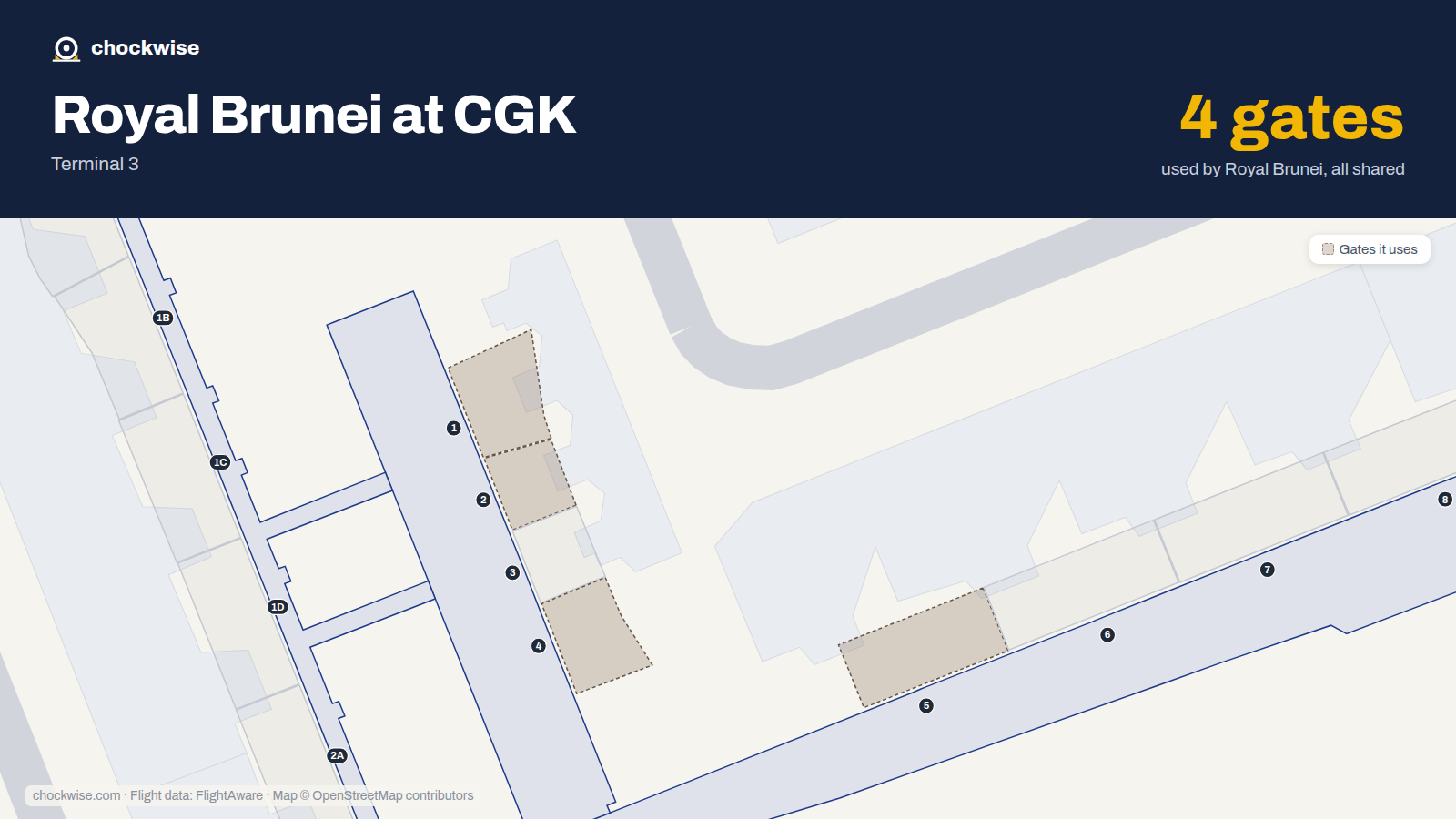 Map of CGK with the gates Royal Brunei Airlines uses highlighted: 1, 2, 4 and 5.