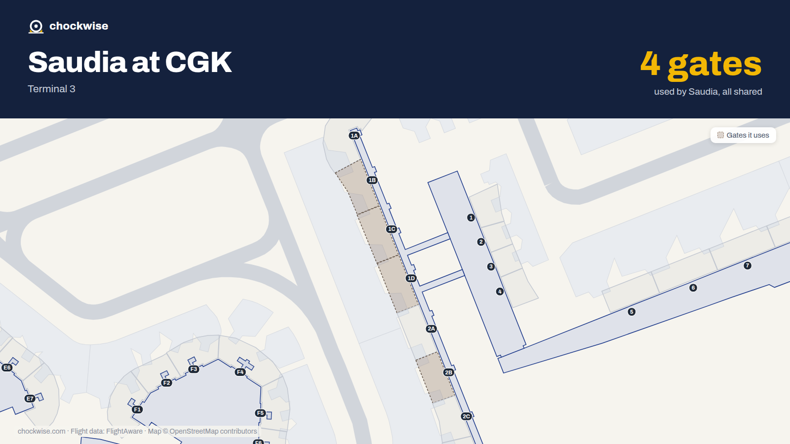 Map of CGK with the gates Saudia uses highlighted: 1B, 1C, 1D and 2B.