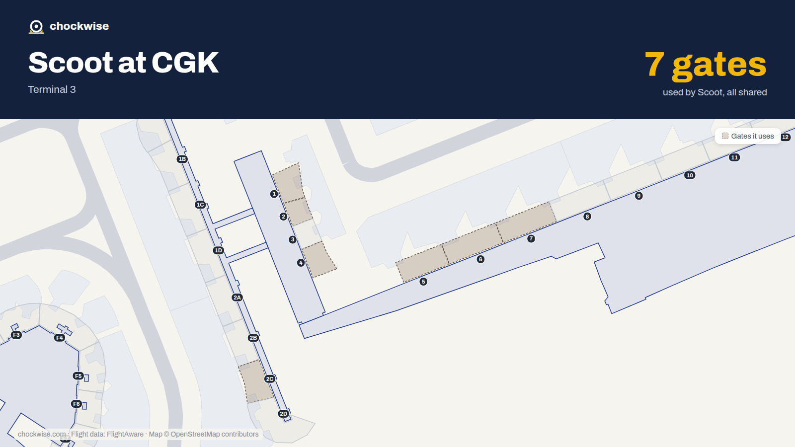 Map of CGK with the gates Scoot uses highlighted: 1, 2, 2C, 4, 5, 6 and 7.