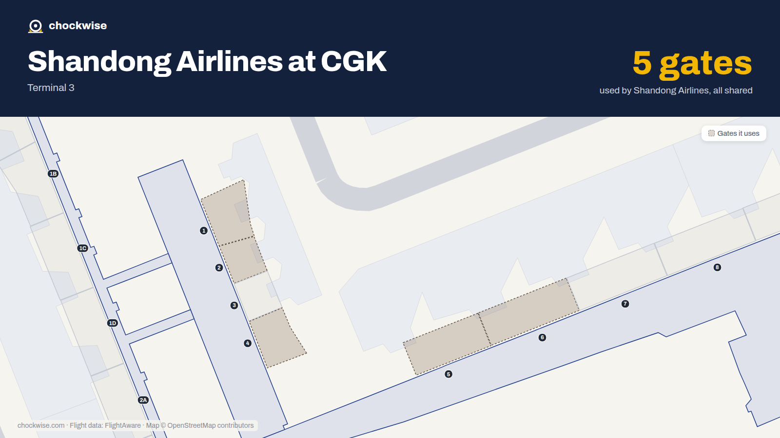 Map of CGK with the gates Shandong Airlines uses highlighted: 1, 2, 4, 5 and 6.