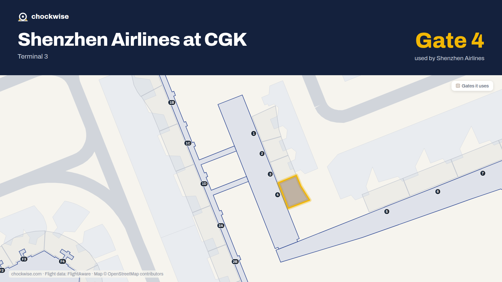 Map of CGK with the gates Shenzhen Airlines uses highlighted: 4.