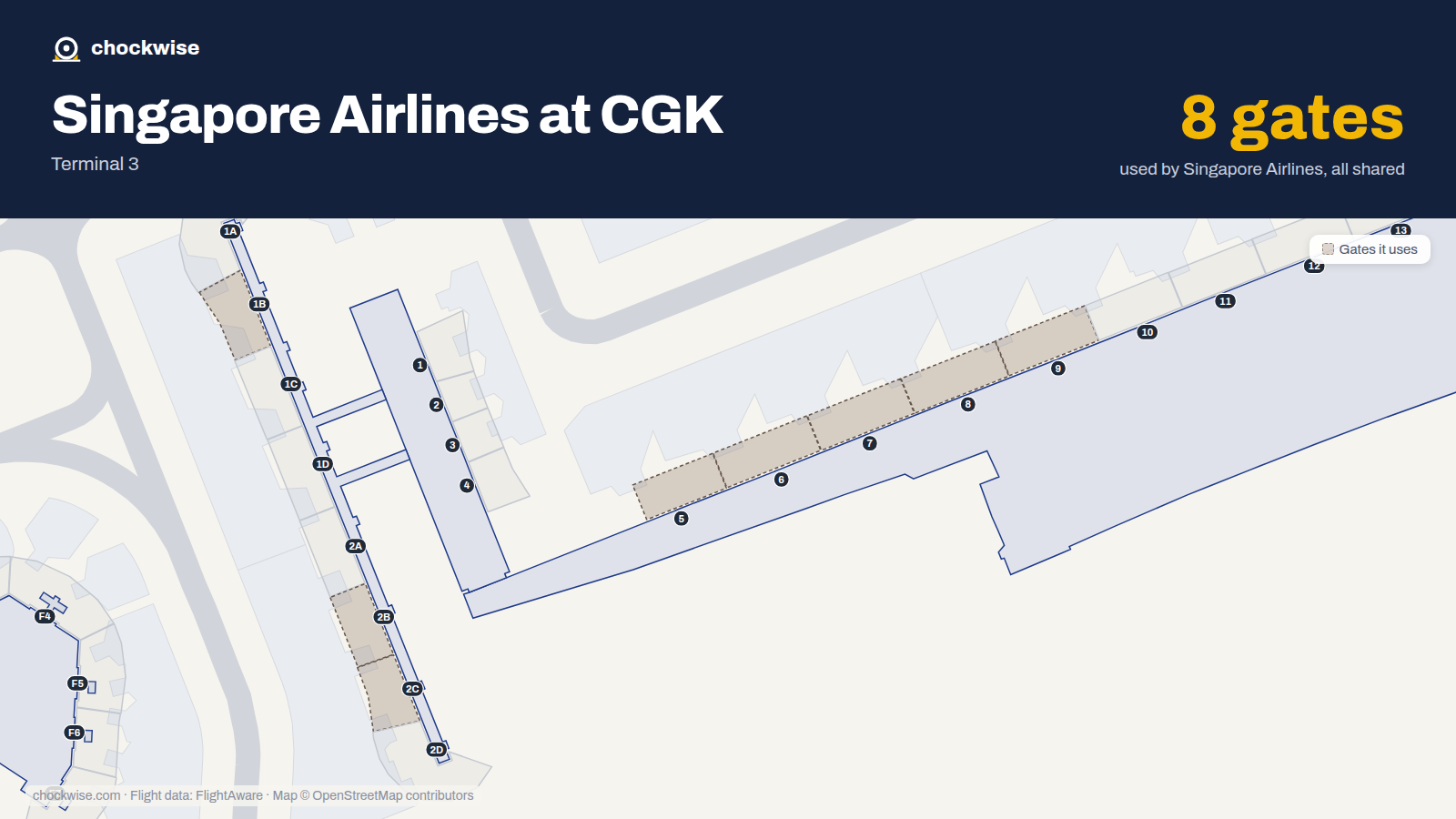 Map of CGK with the gates Singapore Airlines uses highlighted: 1B, 2B, 2C, 5, 6, 7, 8 and 9.