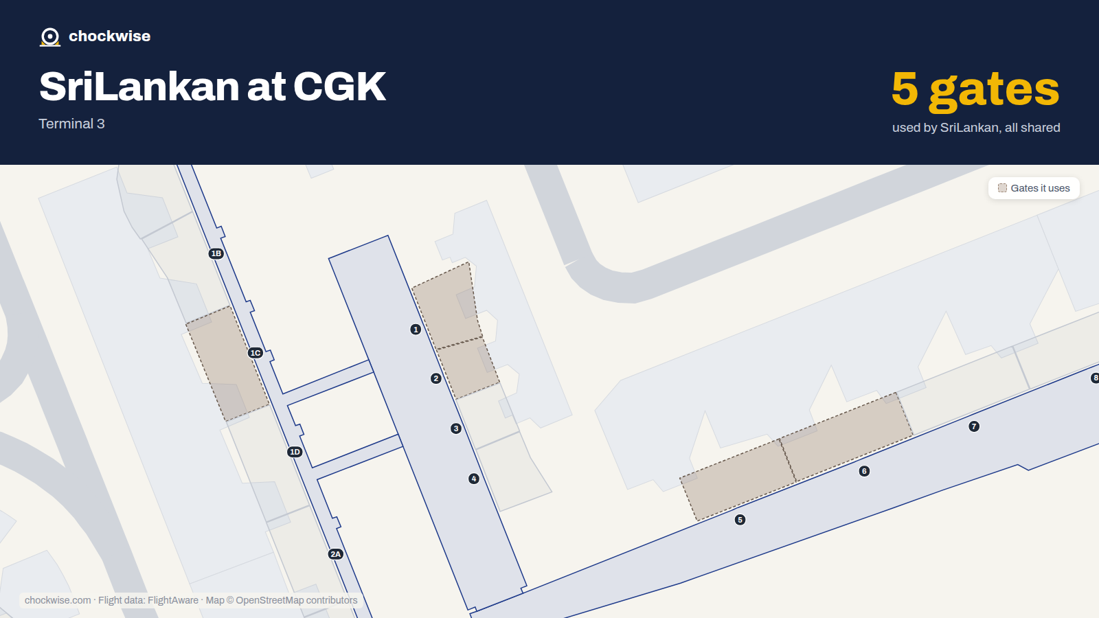 Map of CGK with the gates SriLankan Airlines uses highlighted: 1, 1C, 2, 5 and 6.