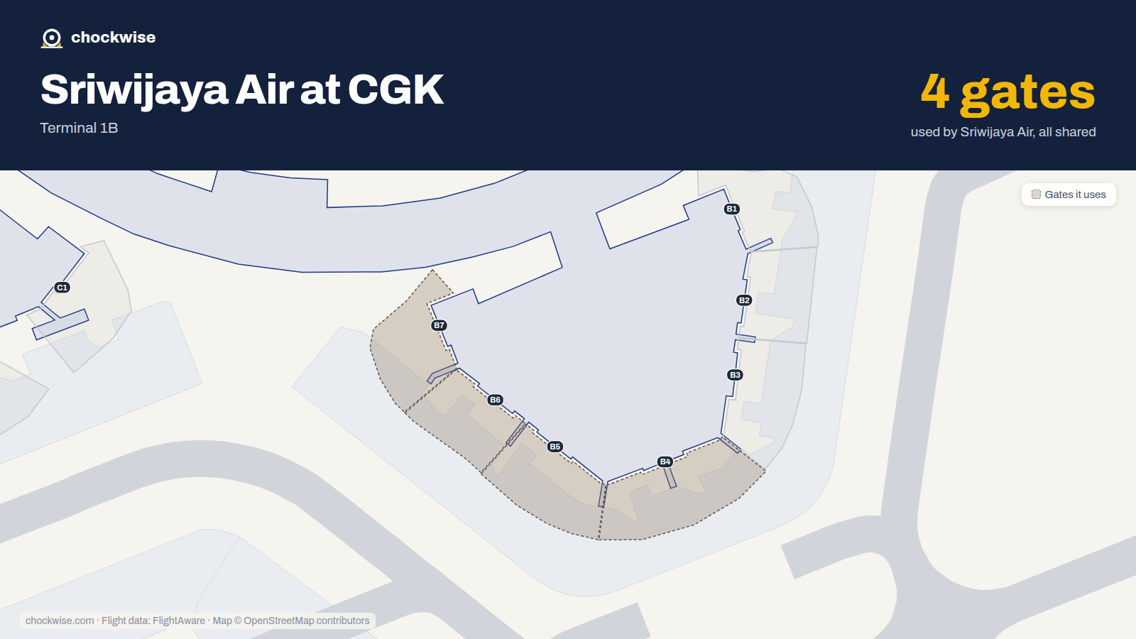 Map of CGK with the gates Sriwijaya Air uses highlighted: B4, B5, B6 and B7.