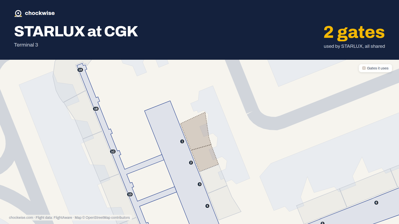 Map of CGK with the gates STARLUX Airlines uses highlighted: 1 and 2.