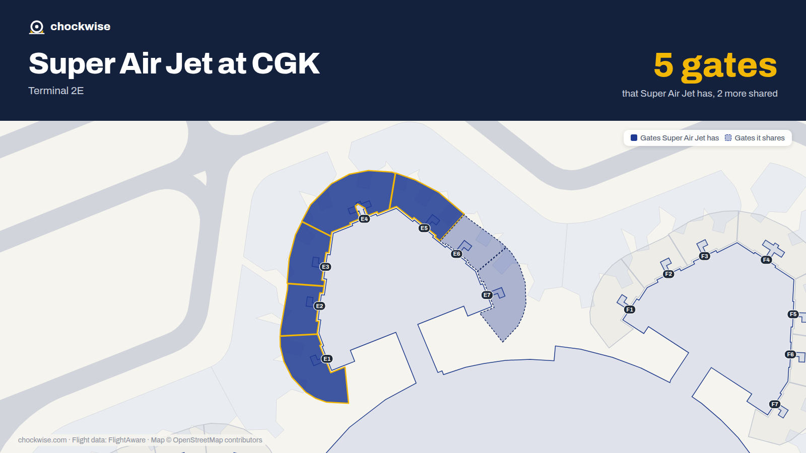 Map of CGK with the gates Super Air Jet uses highlighted: E1, E2, E3, E4 and E5.