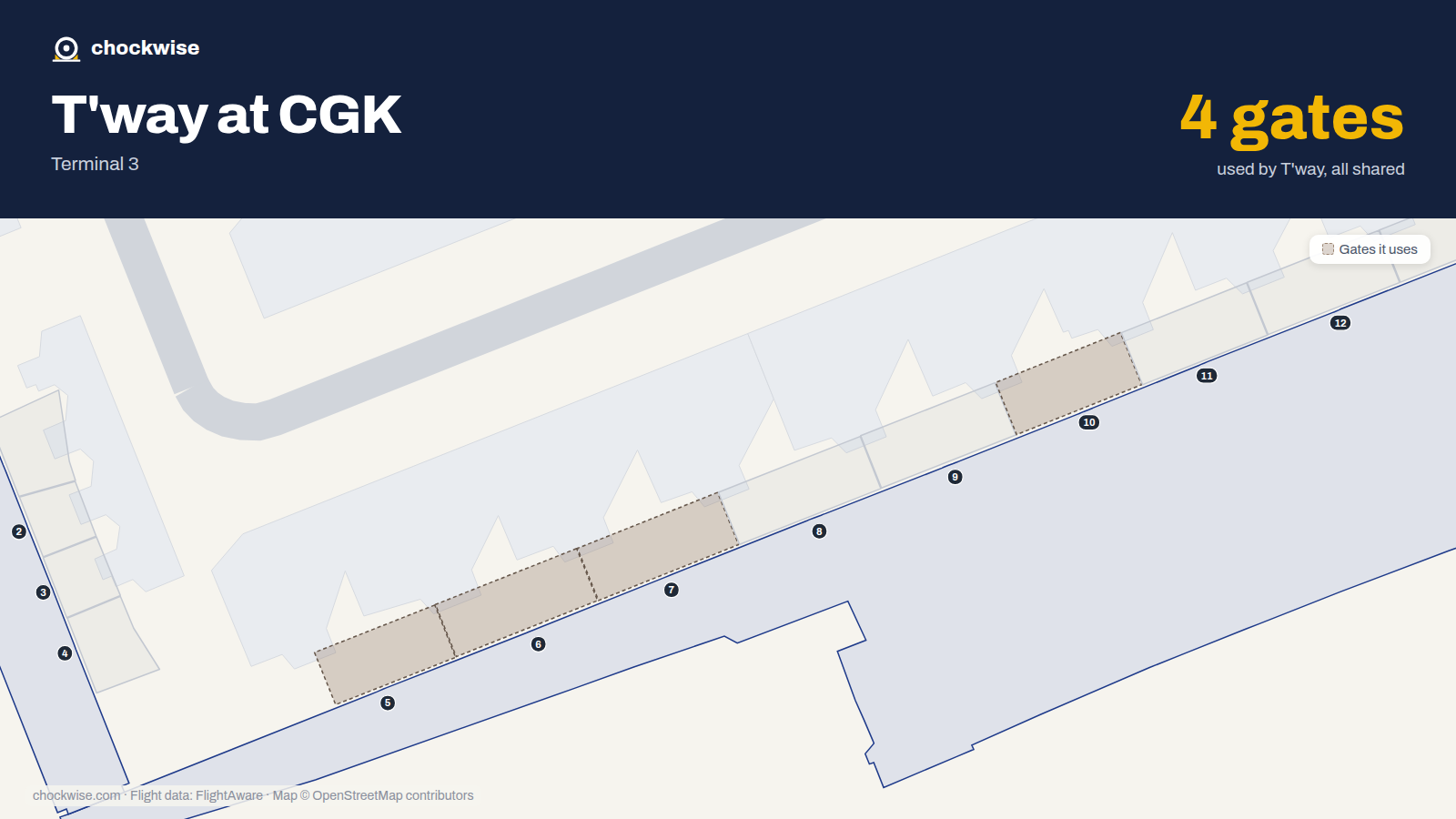 Map of CGK with the gates T'way Air uses highlighted: 5, 6, 7 and 10.
