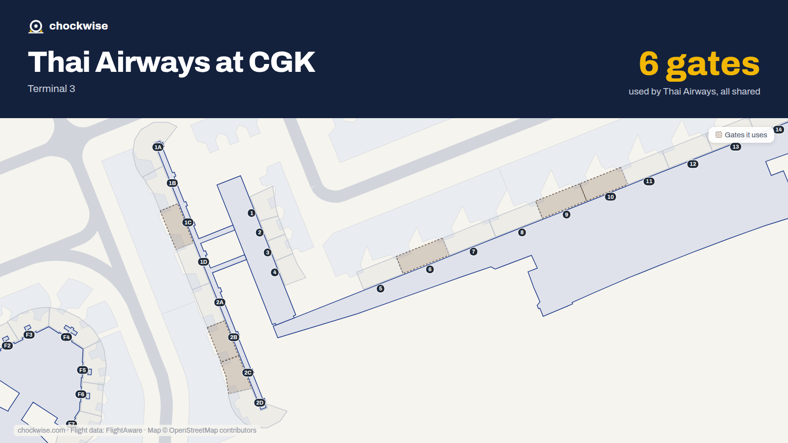 Map of CGK with the gates Thai Airways uses highlighted: 1C, 2B, 2C, 6, 9 and 10.