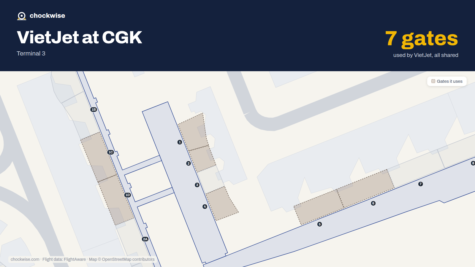 Map of CGK with the gates VietJet Air uses highlighted: 1, 1C, 1D, 2, 4, 5 and 6.