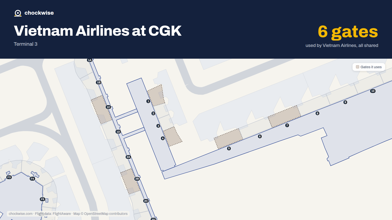 Map of CGK with the gates Vietnam Airlines uses highlighted: 1, 1C, 2B, 4, 5 and 7.