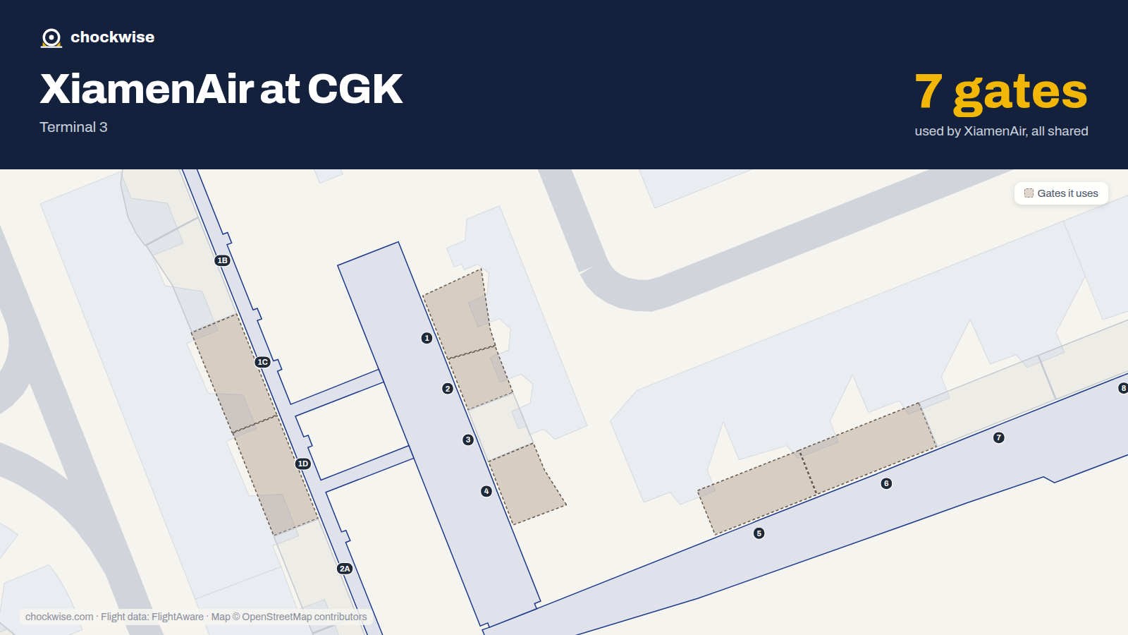 Map of CGK with the gates Xiamen Airlines uses highlighted: 1, 1C, 1D, 2, 4, 5 and 6.