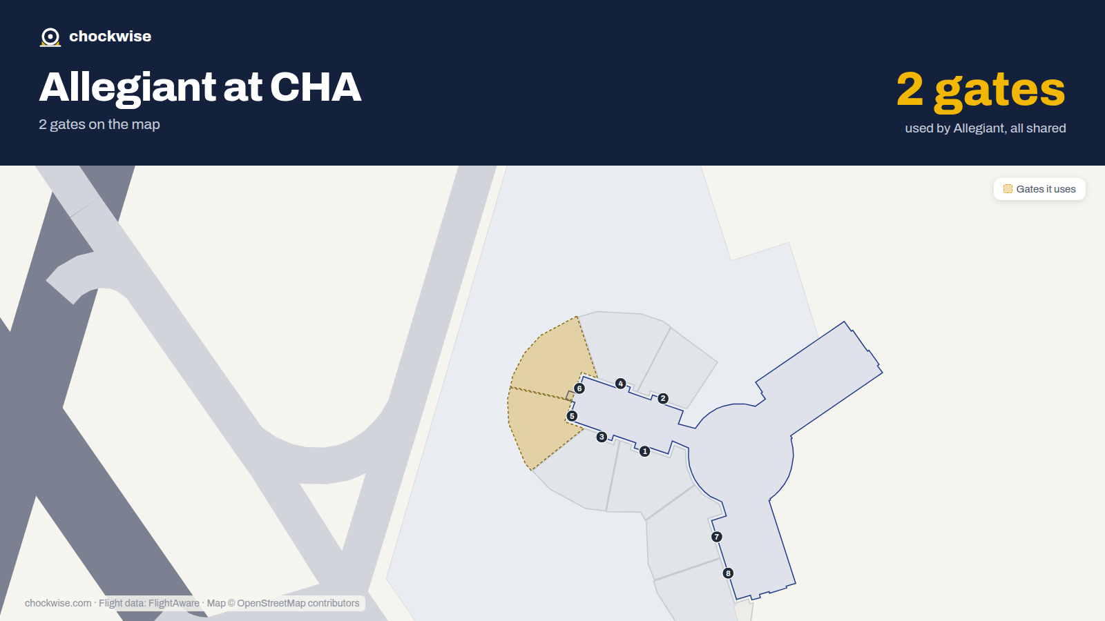 Map of CHA with the gates Allegiant Air uses highlighted: 5 and 6.