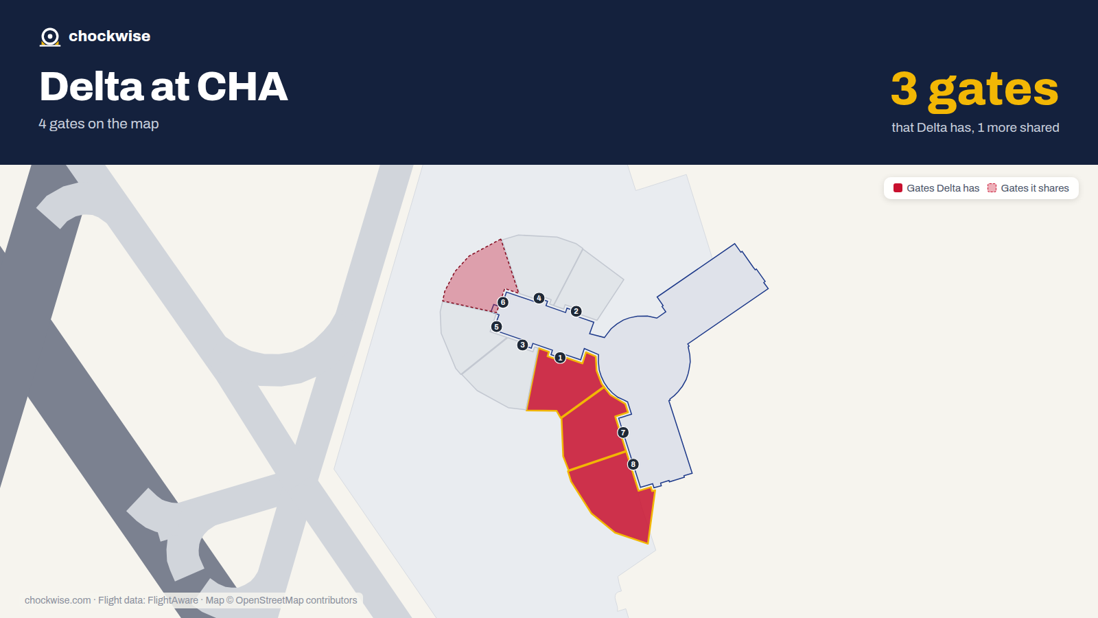 Map of CHA with the gates Delta Air Lines uses highlighted: 1, 7 and 8.
