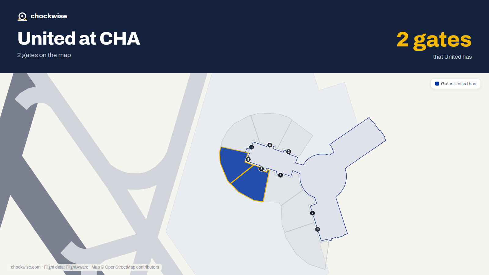 Map of CHA with the gates United Airlines uses highlighted: 3 and 5.