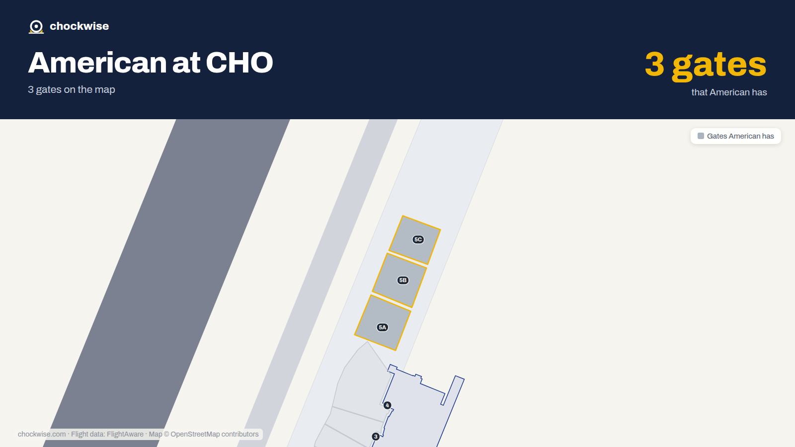 Map of CHO with the gates American Airlines uses highlighted: 5A, 5B and 5C.