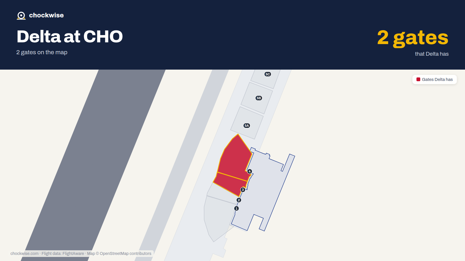 Map of CHO with the gates Delta Air Lines uses highlighted: 3 and 4.