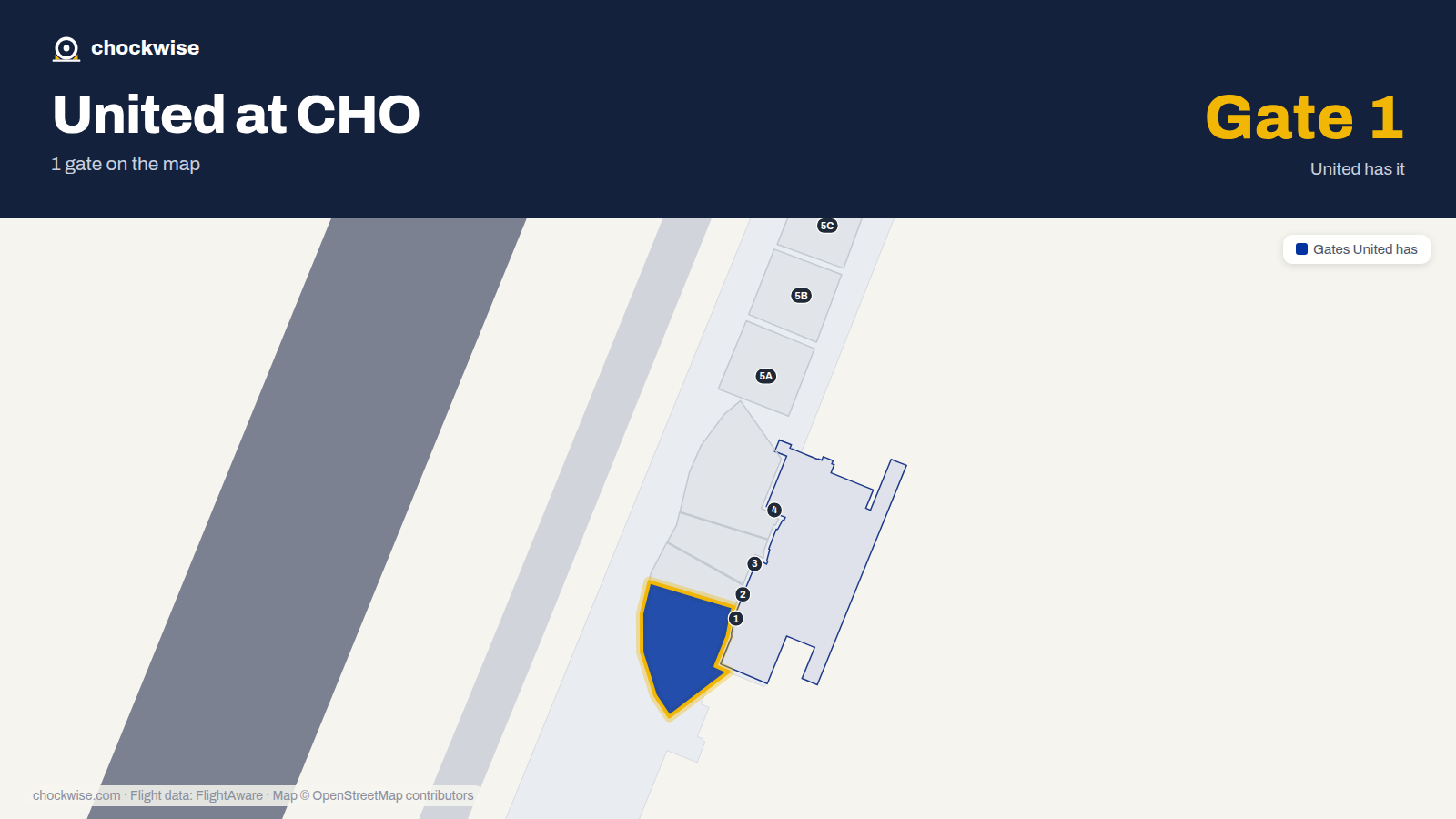 Map of CHO with the gates United Airlines uses highlighted: 1.