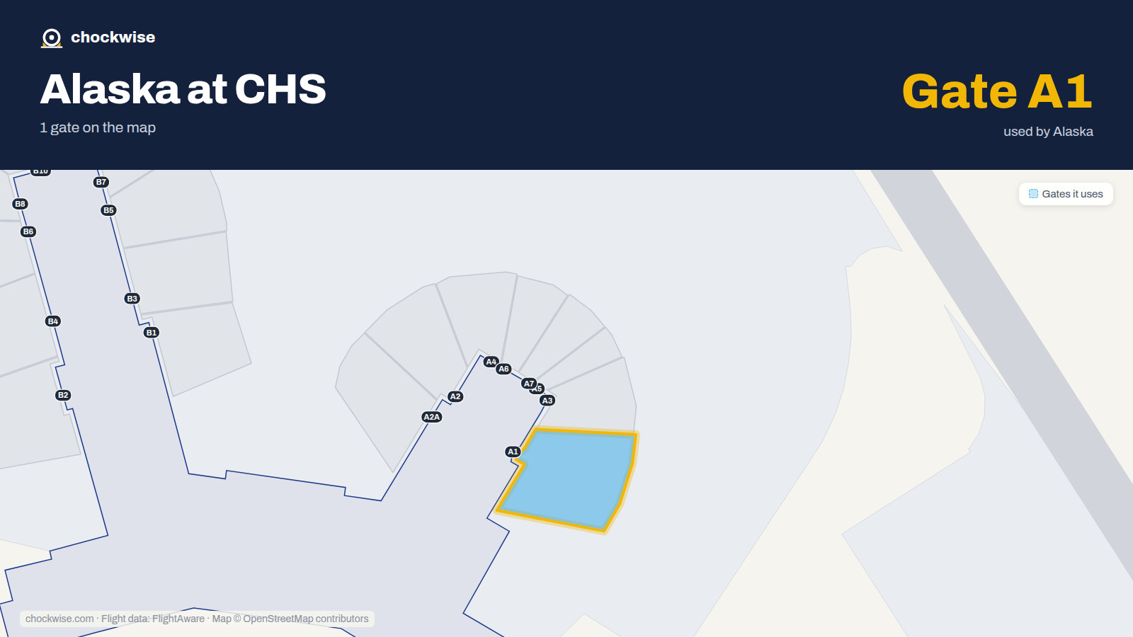 Map of CHS with the gates Alaska Airlines uses highlighted: A1.