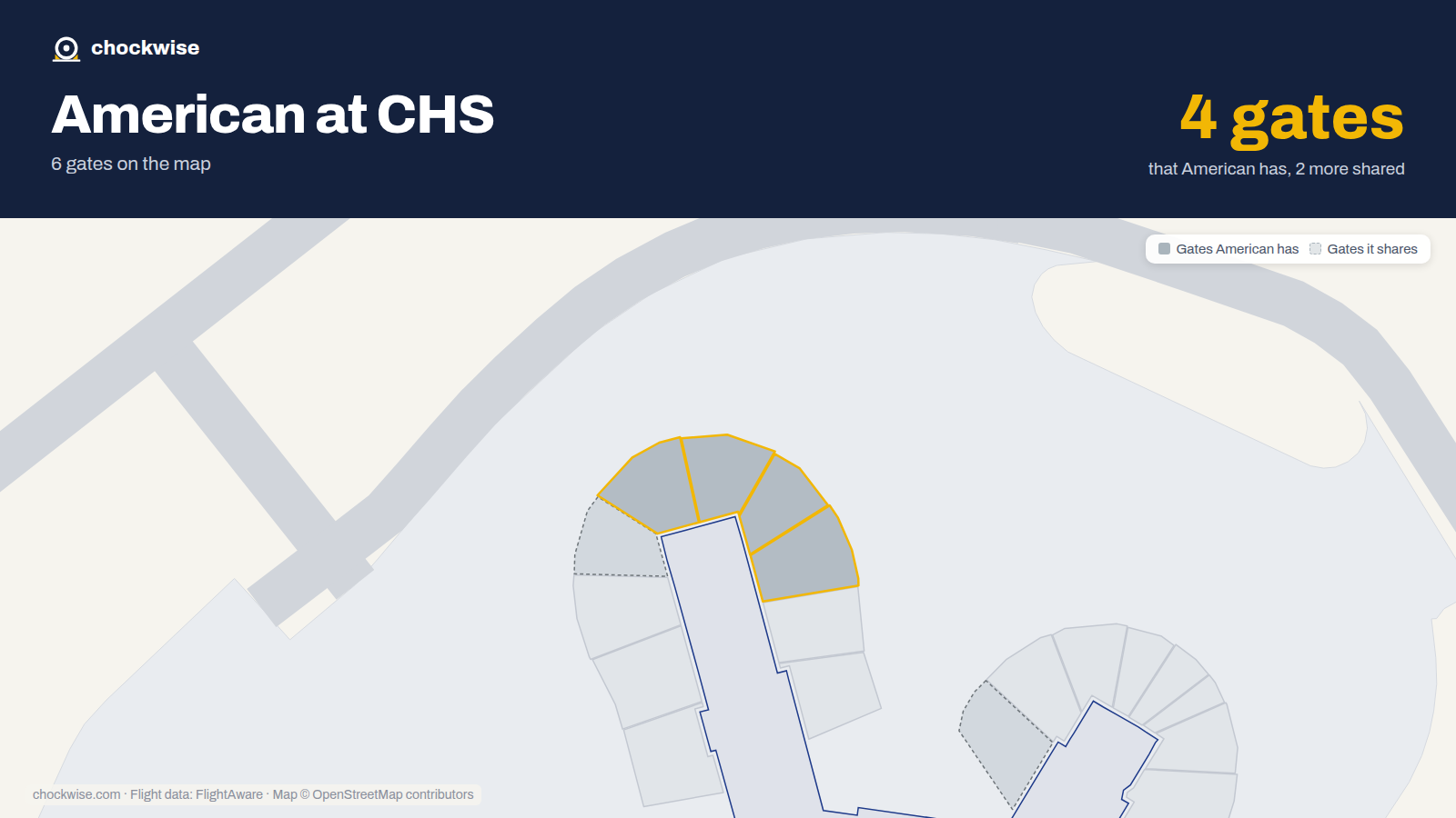 Map of CHS with the gates American Airlines uses highlighted: B5, B7, B9 and B10.