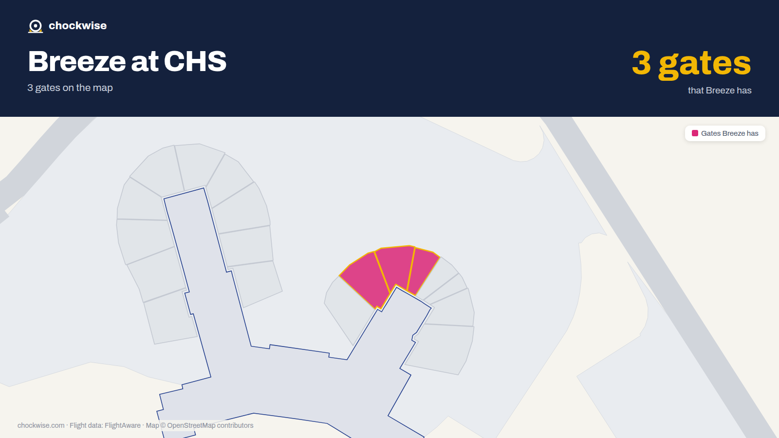 Map of CHS with the gates Breeze Airways uses highlighted: A2, A4 and A6.