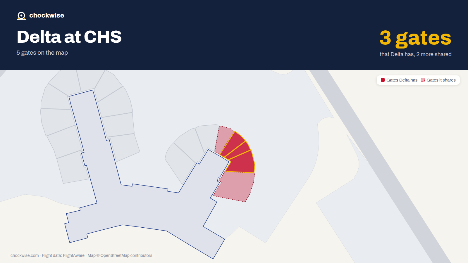 Map of CHS with the gates Delta Air Lines uses highlighted: A3, A5 and A7.