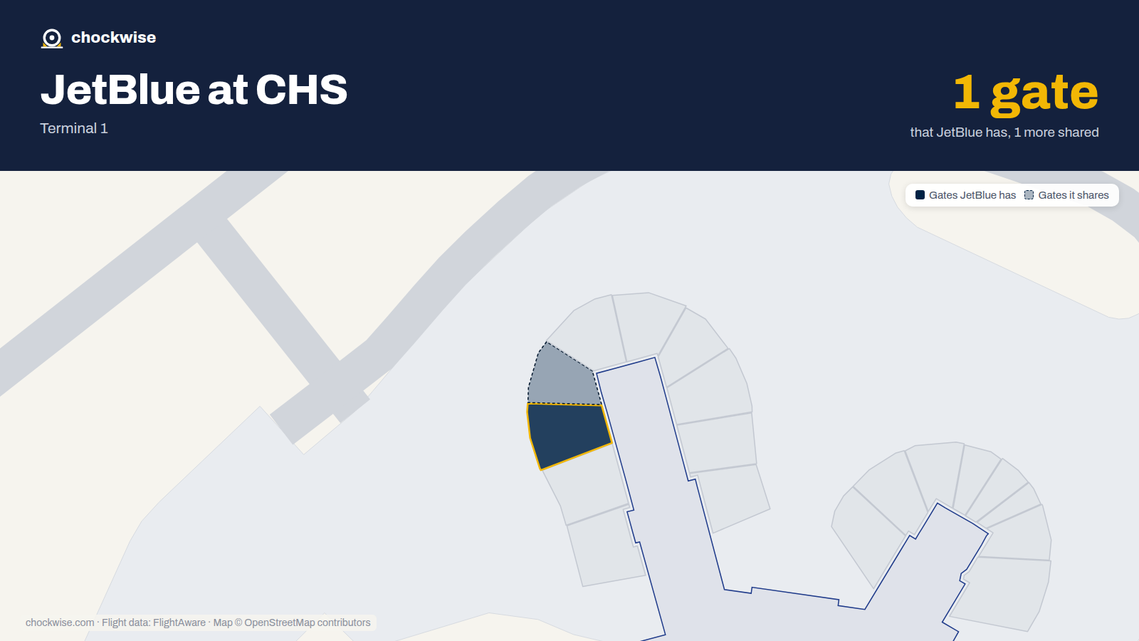 Map of CHS with the gates JetBlue uses highlighted: B6.