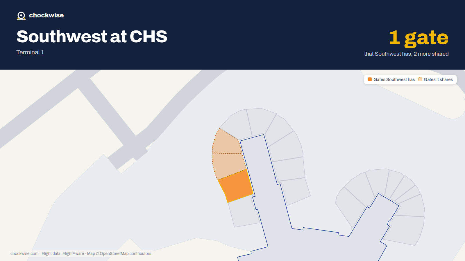 Map of CHS with the gates Southwest Airlines uses highlighted: B4.