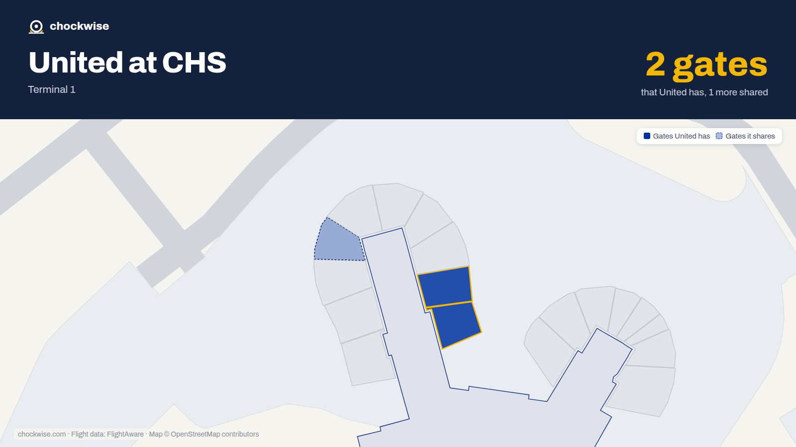 Map of CHS with the gates United Airlines uses highlighted: B1 and B3.