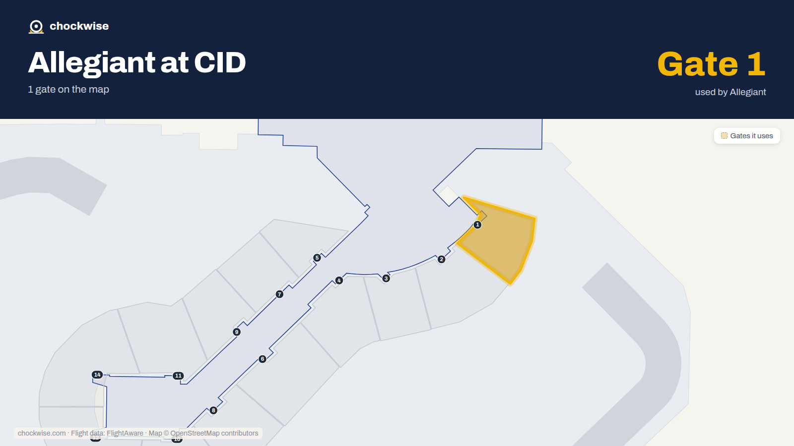Map of CID with the gates Allegiant Air uses highlighted: 1.