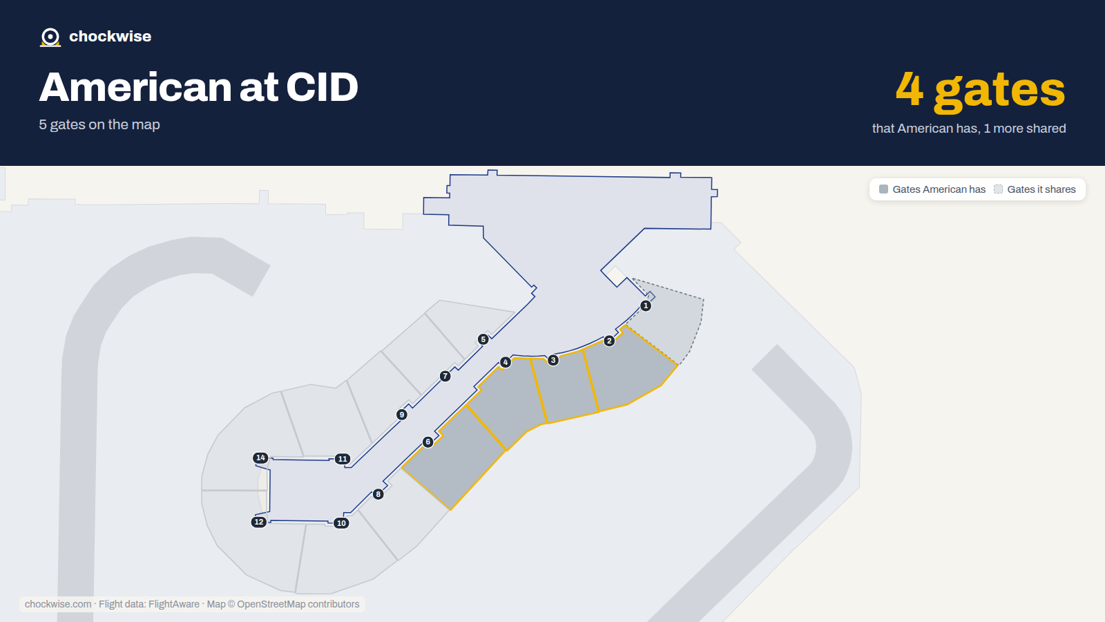 Map of CID with the gates American Airlines uses highlighted: 2, 3, 4 and 6.