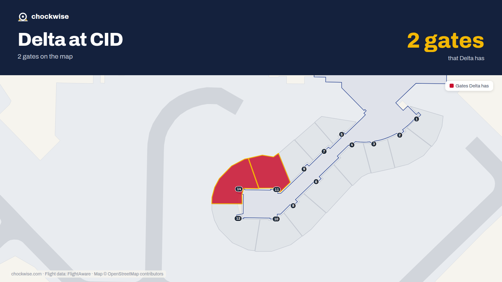 Map of CID with the gates Delta Air Lines uses highlighted: 11 and 14.