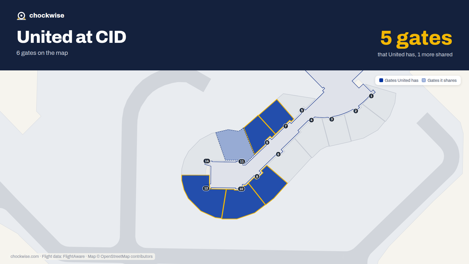 Map of CID with the gates United Airlines uses highlighted: 7, 8, 9, 10 and 12.