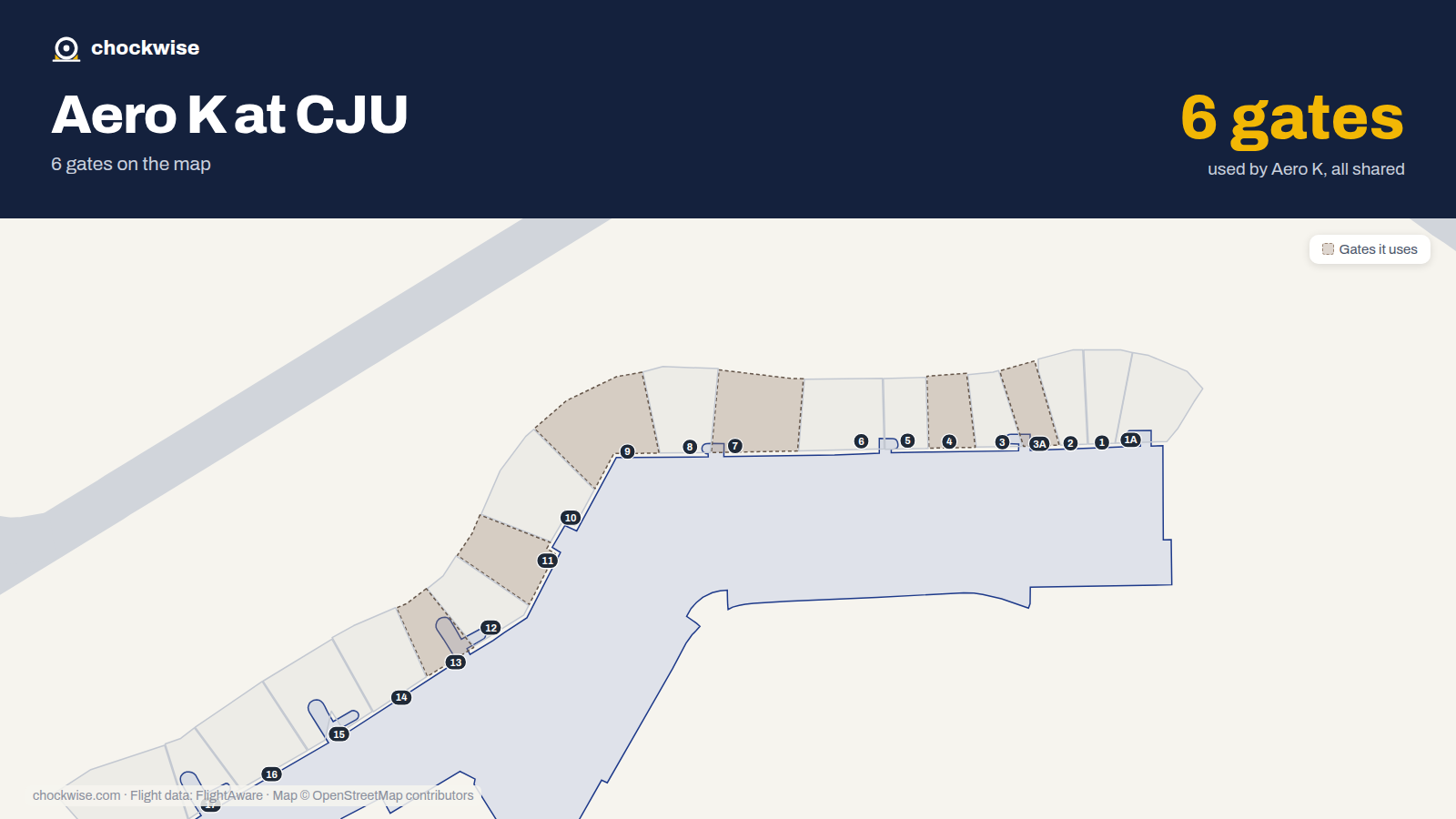 Map of CJU with the gates Aero K uses highlighted: 3A, 4, 7, 9, 11 and 13.