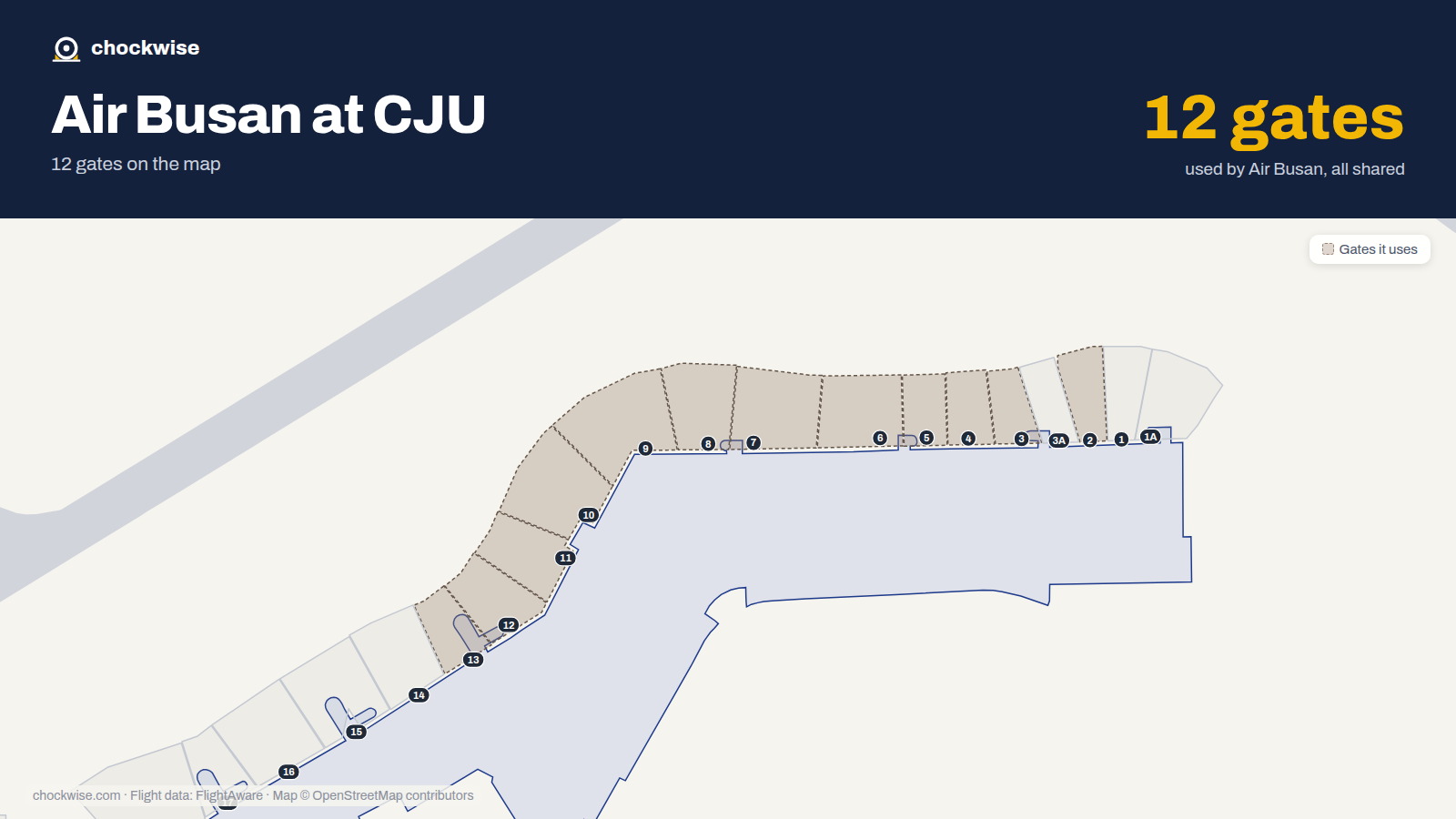 Map of CJU with the gates Air Busan uses highlighted: 2, 3, 4, 5, 6, 7, 8, 9 and 4 more.