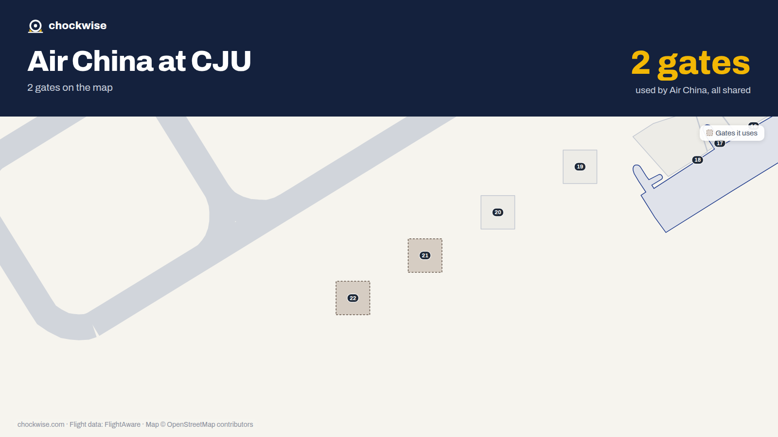 Map of CJU with the gates Air China uses highlighted: 21 and 22.