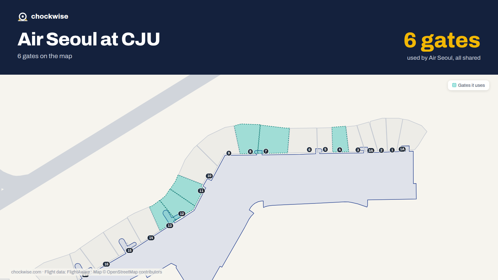 Map of CJU with the gates Air Seoul uses highlighted: 4, 7, 8, 11, 12 and 13.