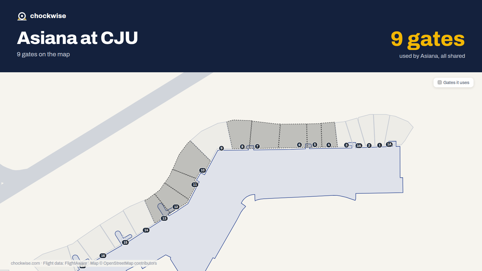 Map of CJU with the gates Asiana Airlines uses highlighted: 4, 5, 6, 7, 8, 10, 11, 12 and 1 more.